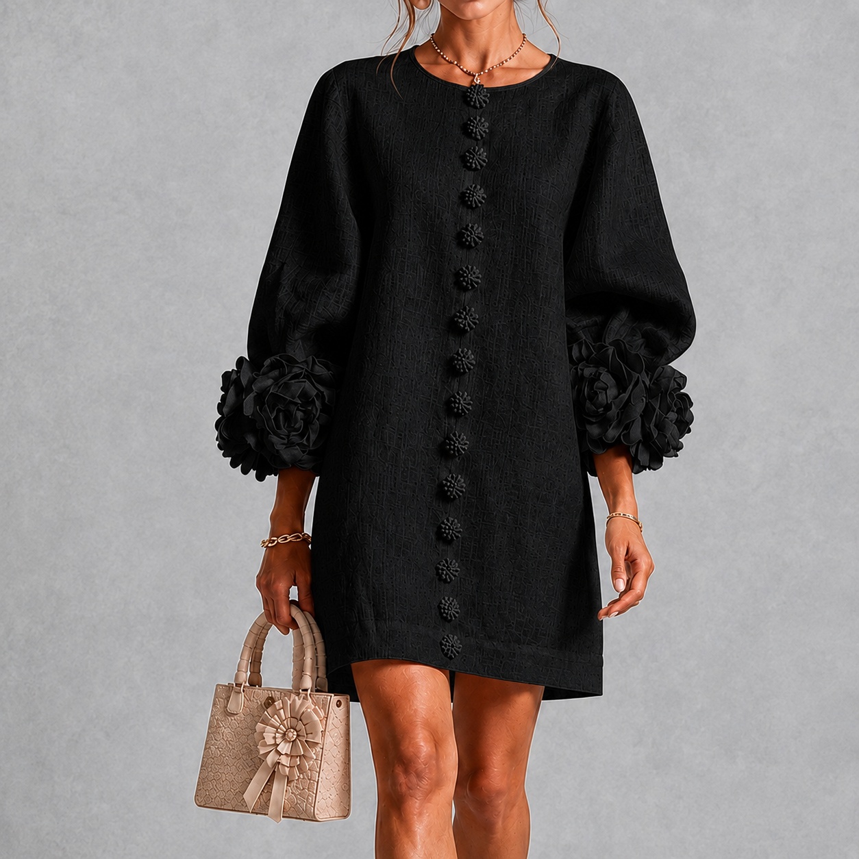 Elegant 3d Floral Lantern Sleeves Midi Dress
