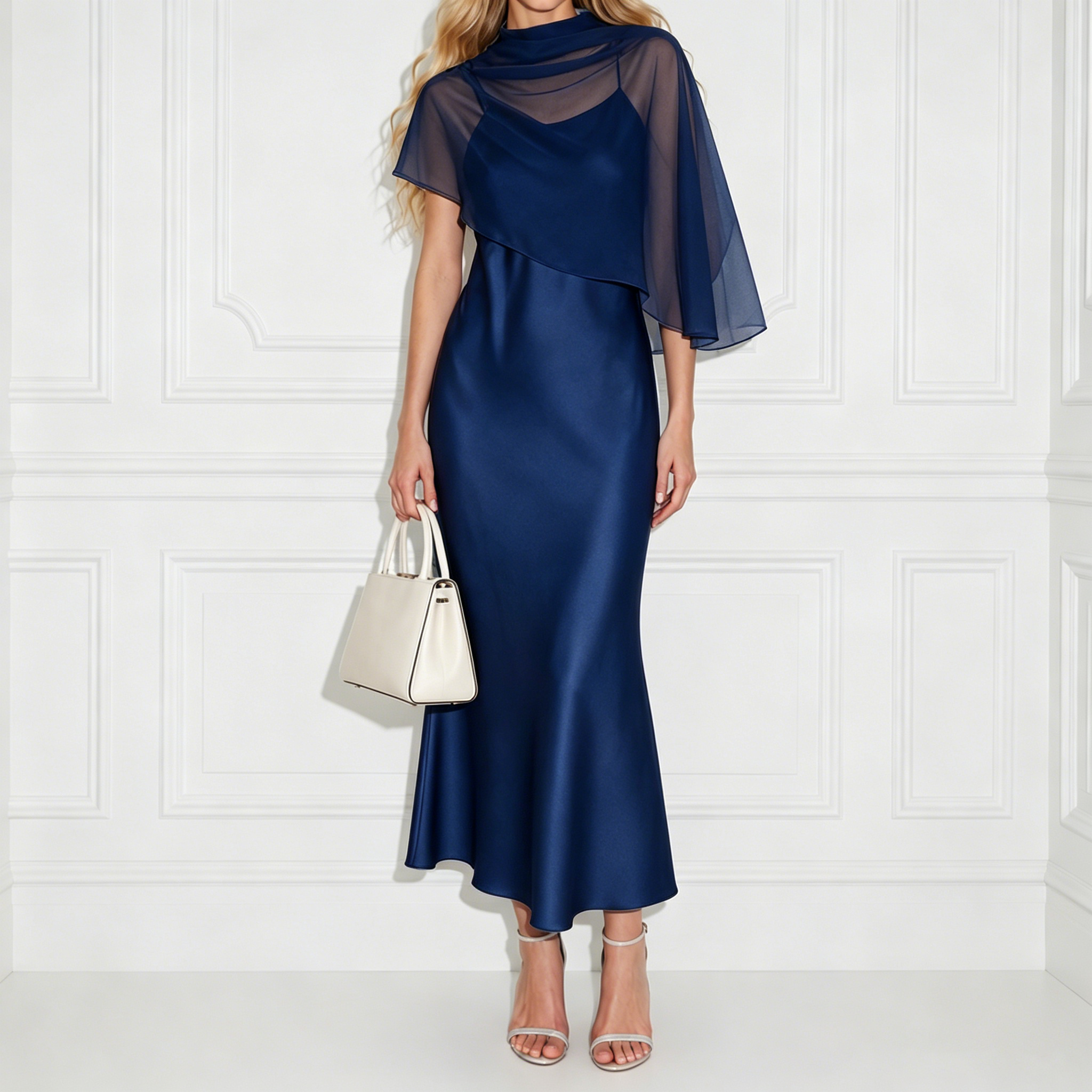 Elegant  Cape-style Chiffon Shawl Midi Dress