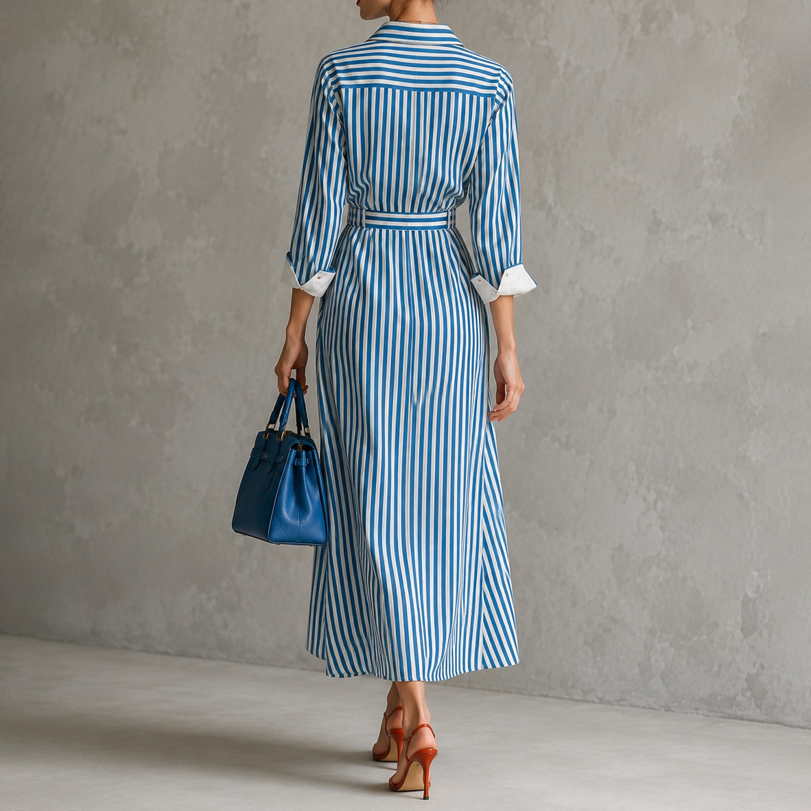Elegant Striped Front-opening Long Shirt  Maxi Dress