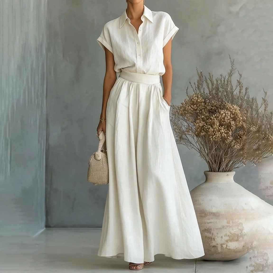 Fashion Casual Solid Color Shirt Wide-leg Pants Two-piece Set