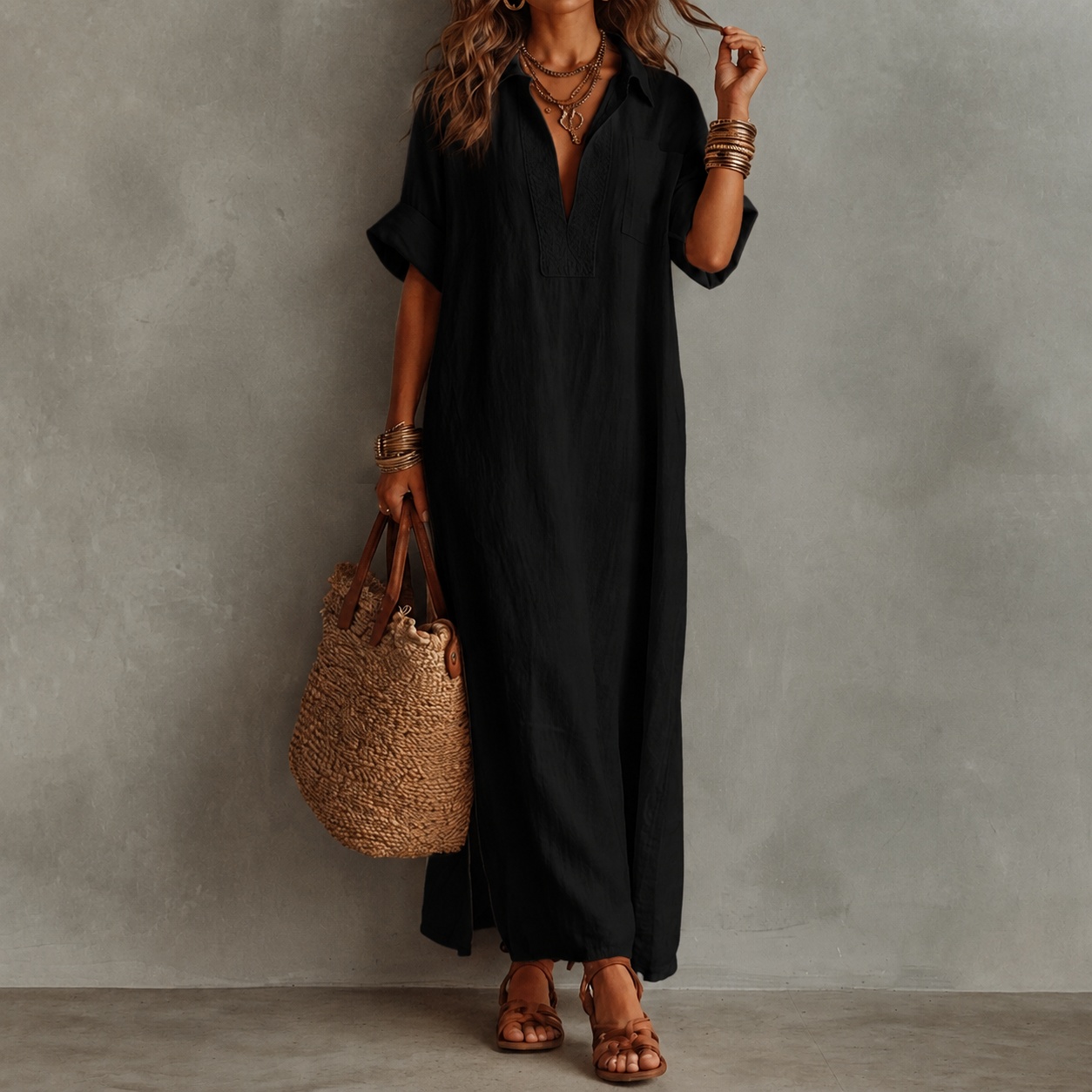 Retro Minimalist Style Loose Solid Color Short-sleeved Shirt Maxi Dress