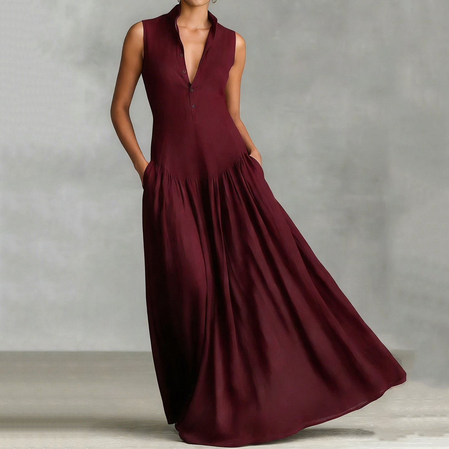 French Classic Slim Fit V-neck Cotton Linen Sleeveless Maxi Dress