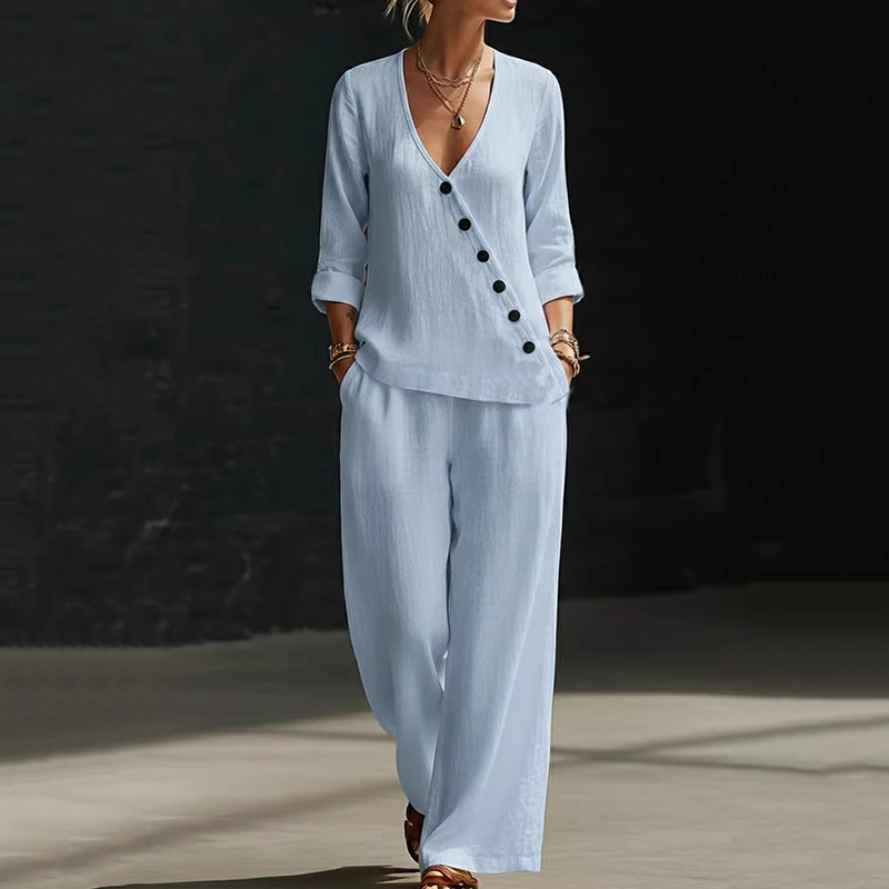 Minimalist Loose V-neck Slant-button Shirt And Wide-leg Pants Two-piece Set