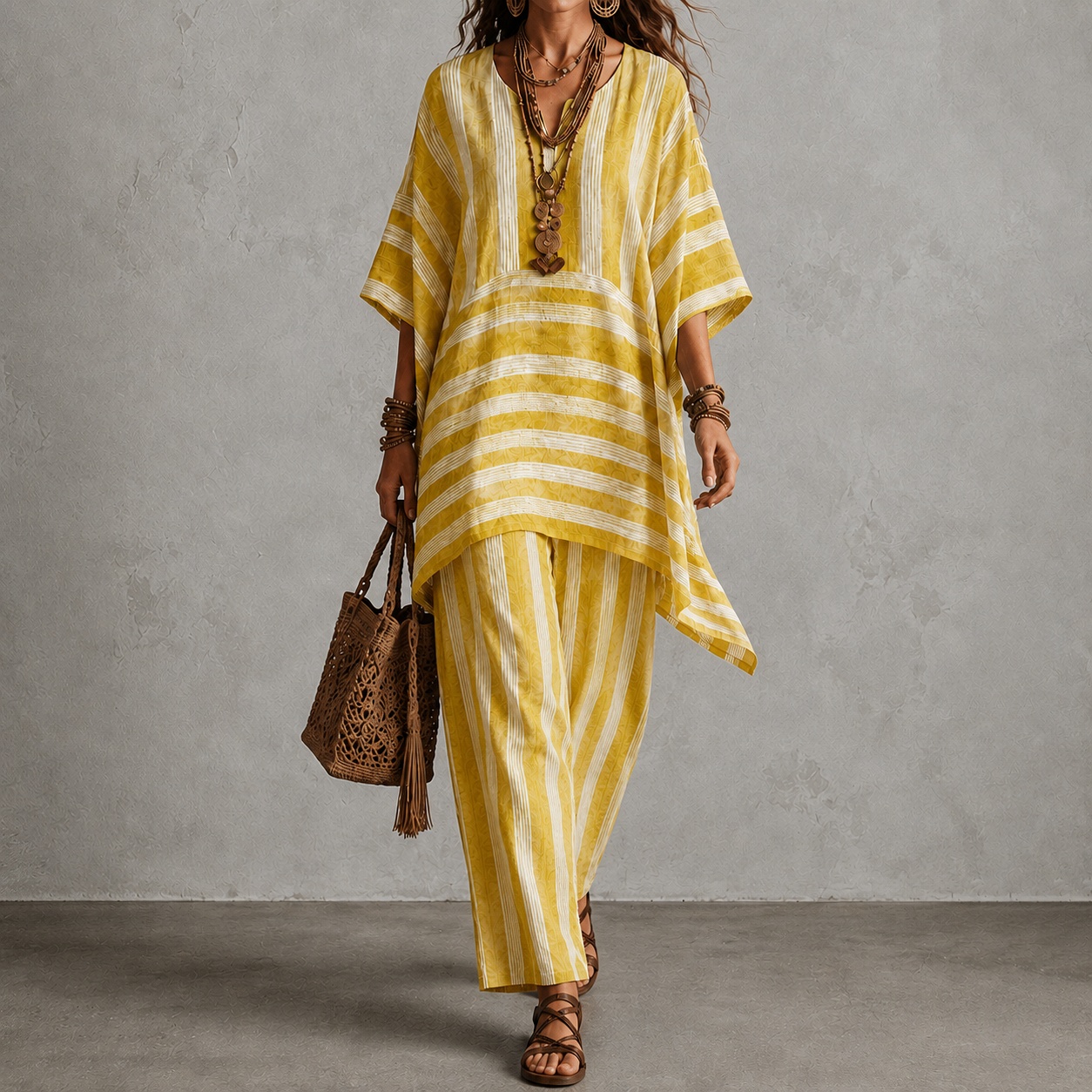 V-neck Loose Striped Top And Loose Wide-leg Pants Two-piece Set
