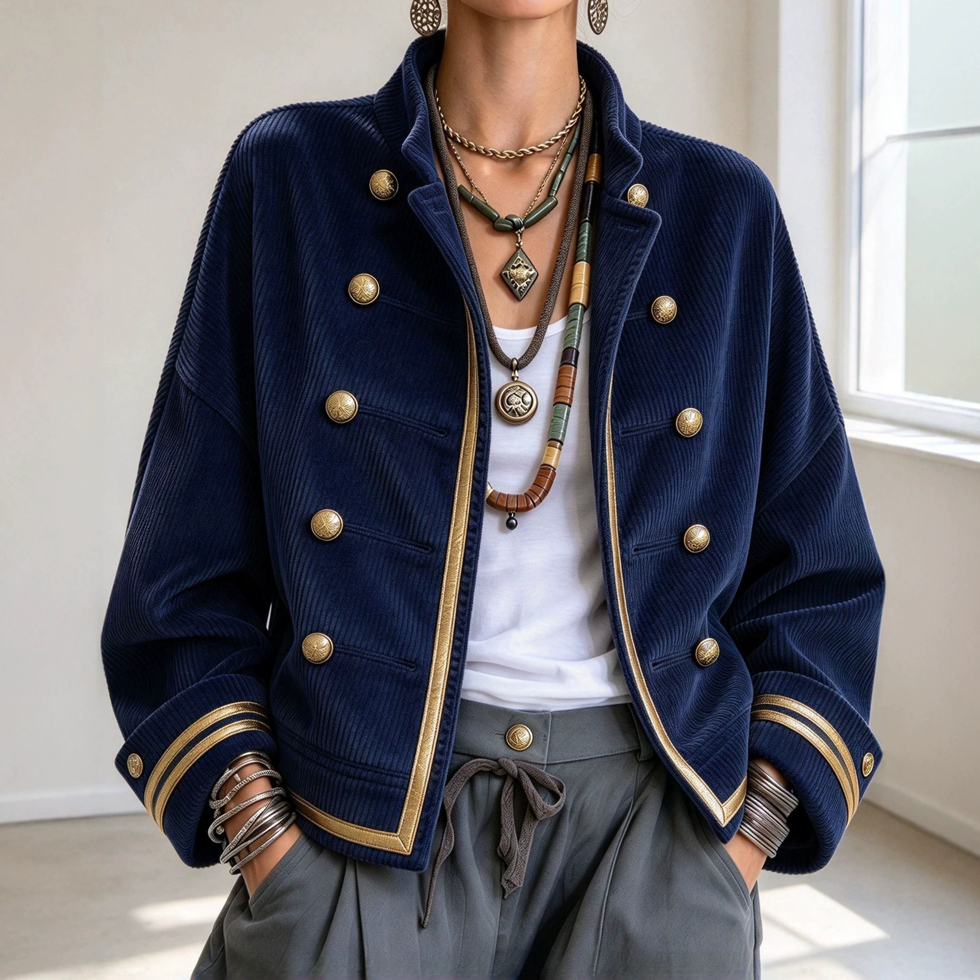 Women's Fall Winter Cozy Napoleonic Stand-up Collar Gold Trim Double-breasted Button Corduroy Jacket