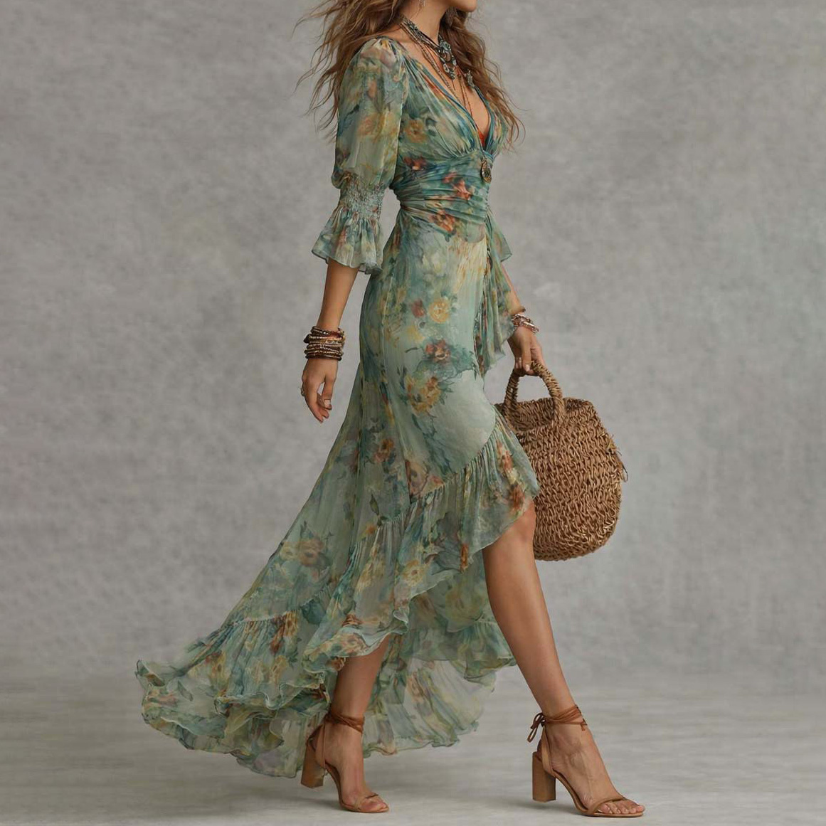 Retro Romantic Floral Wrap Maxi Dress