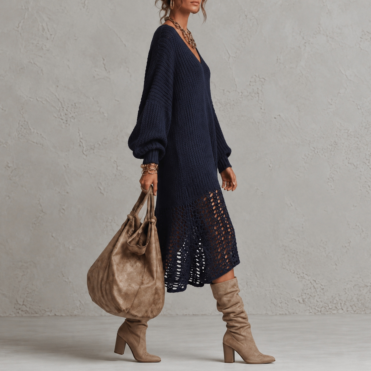 Retro Long-sleeved Knit V-neck Maxi Dress