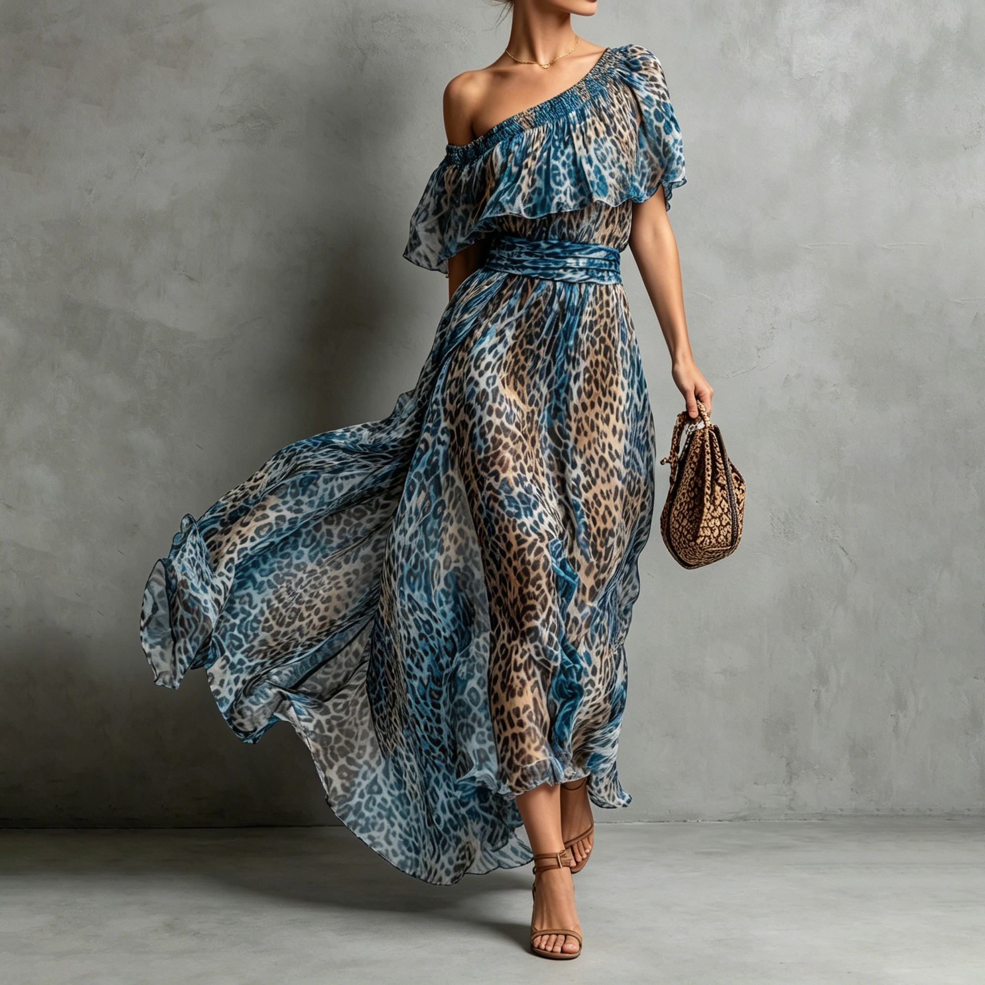 Retro Leopard Print Chiffon Off-shoulder Ruffle Waist Maxi Dress