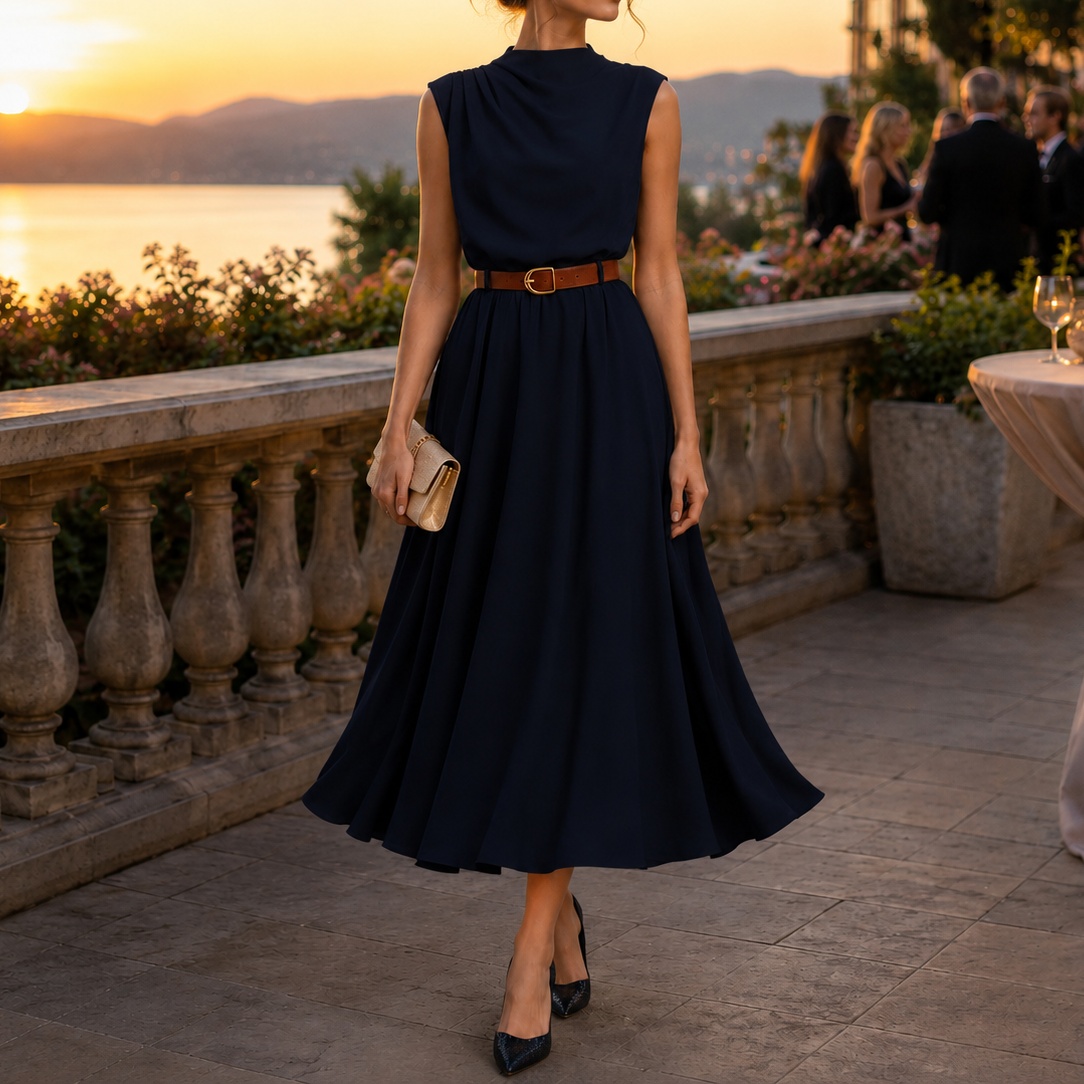 Elegant Solid Color Sleeveless With One-sided Ruching And Belt Maxi Dress