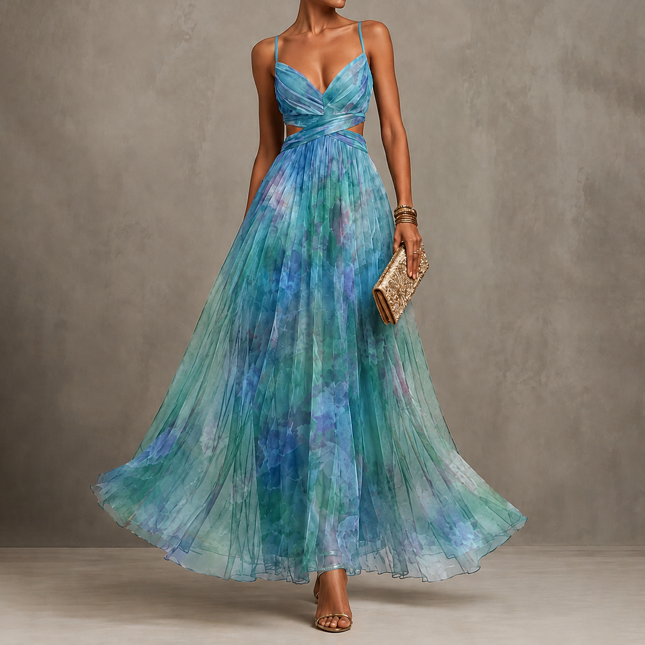 Retro Romantic Floral Wrap Mesh Maxi Dress