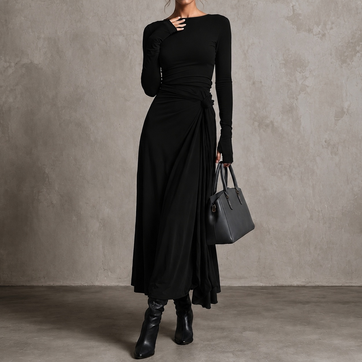 Elegant Solid Color Stretch Fabric Long Sleeve Maxi Dress