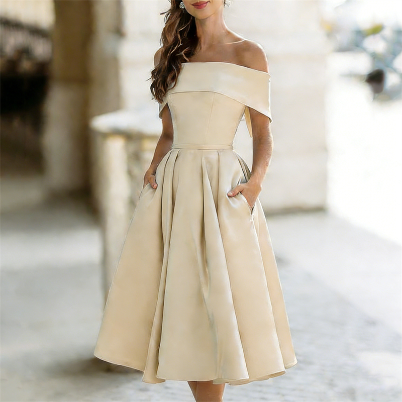 Classy Off Shoulderwide Skirted Satin Maxi Dress