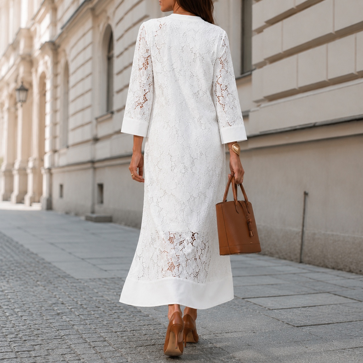 V-Neck 3/4 Sleeve Loose Lace Maxi Dress