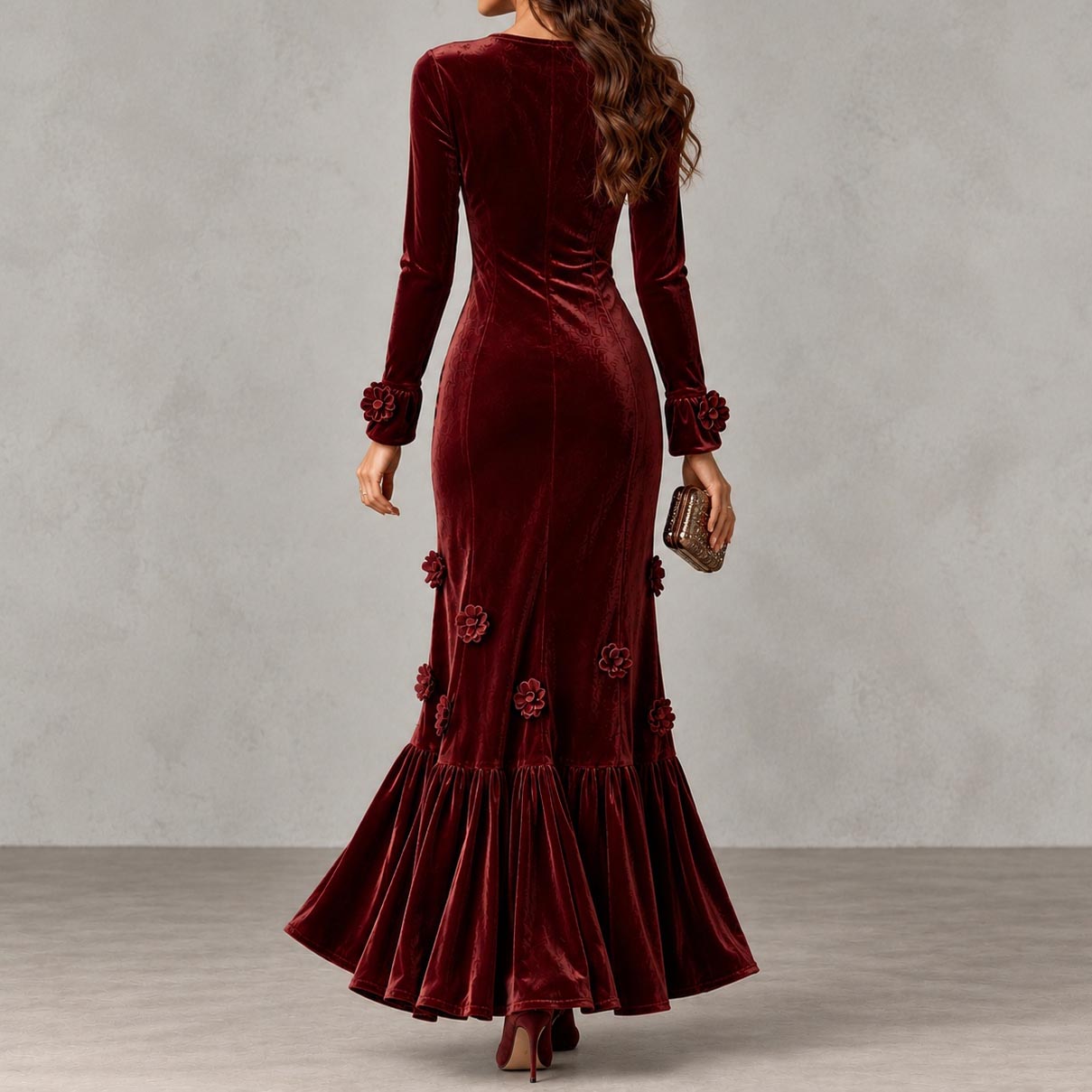 Elegant Velvet V-neck Long-sleeve Mermaid Maxi Dress