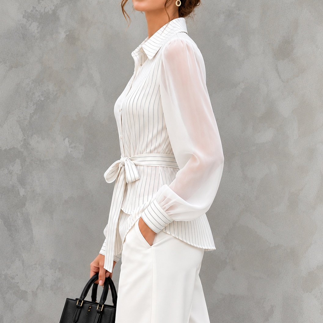 Mesh Panels And Tie-waist Long-sleeve Shirt