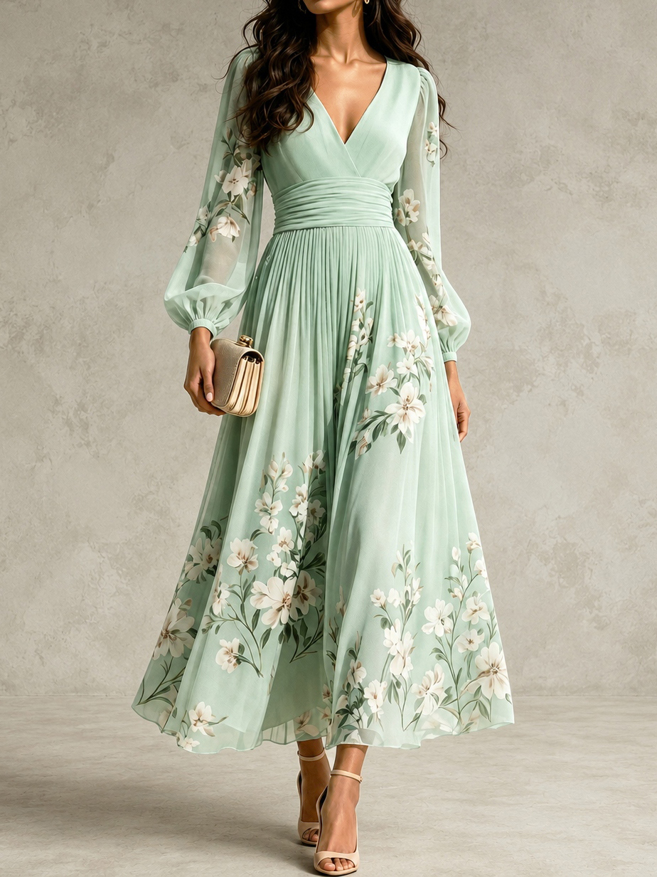 Elegant Floral Print Long-sleeved V-neck Pleated Dress