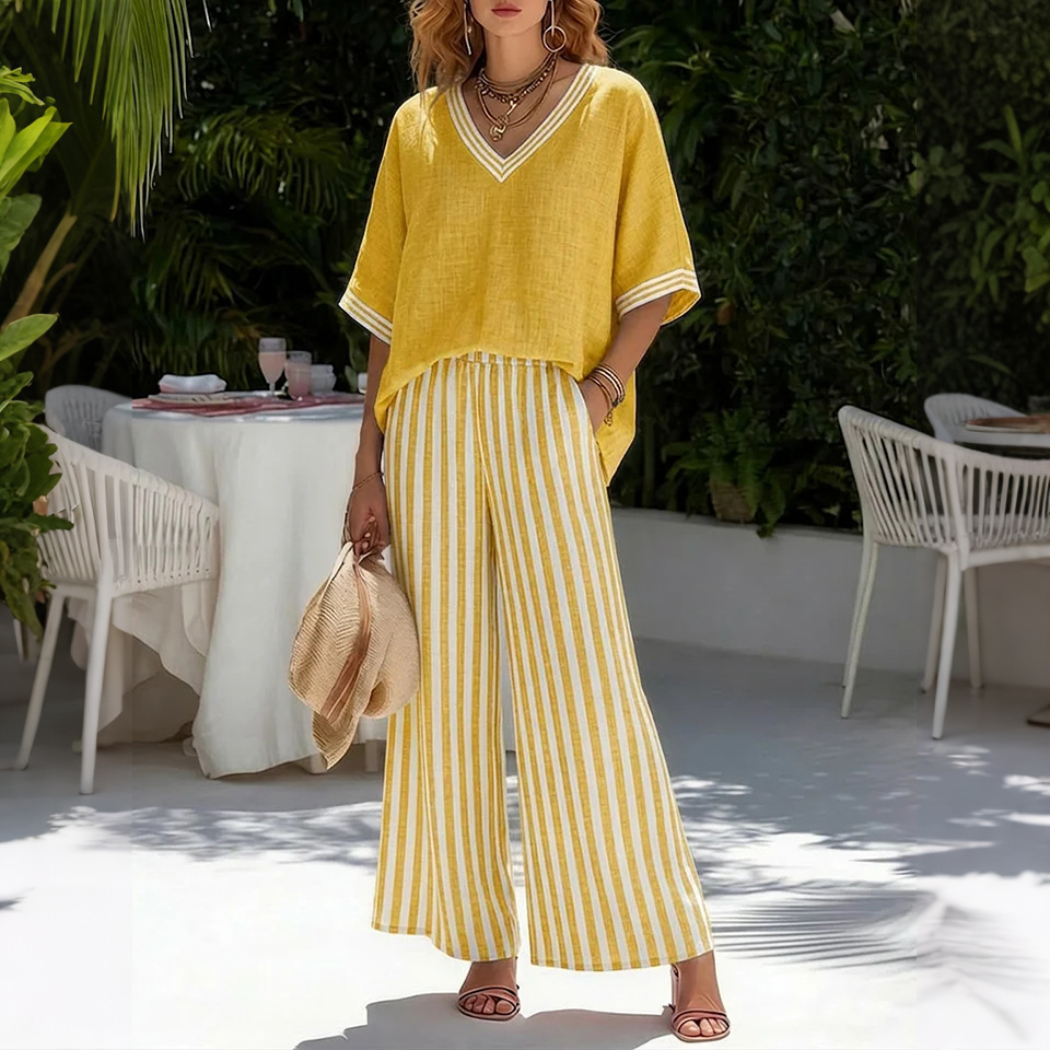 Loose V-neck Short-sleeved Top And Striped Wide-leg Pants Two-piece Set