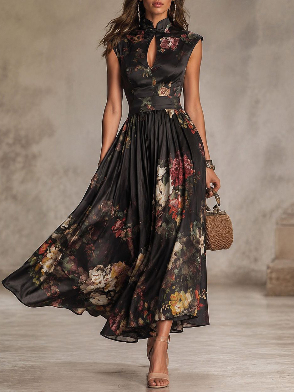Elegant Floral Pattern Fitted Sleeveless Midi Dress
