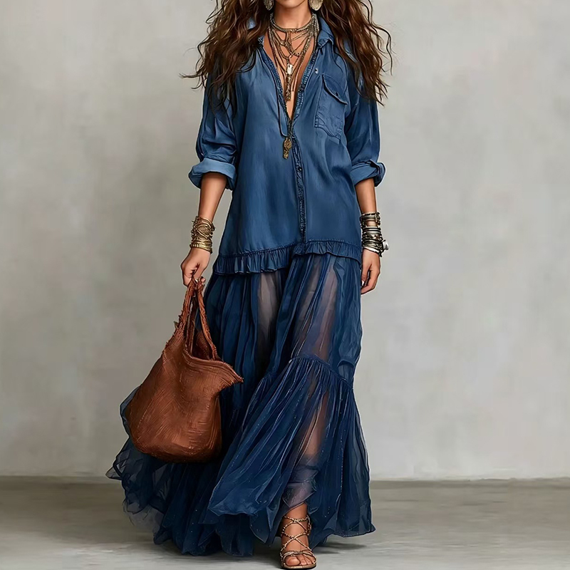 Retro Lapel Denim Splicing Mesh Casual Pocket Dress