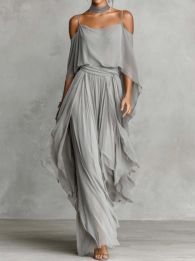 Chiffon Suspender Strapless Flowy Top And Asymmetrical Trousers Two-piece Set
