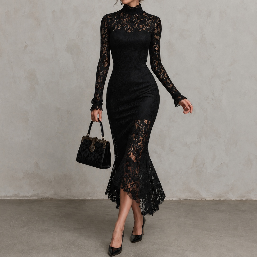 Elegant Elastic Lace Patchwork Fishtail Maxi Dress