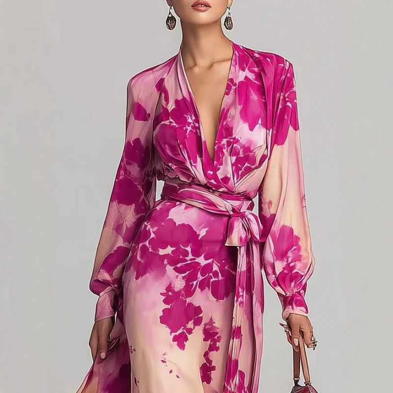 Elegant Printed Chiffon Long-sleeved V-neck Tie Dress