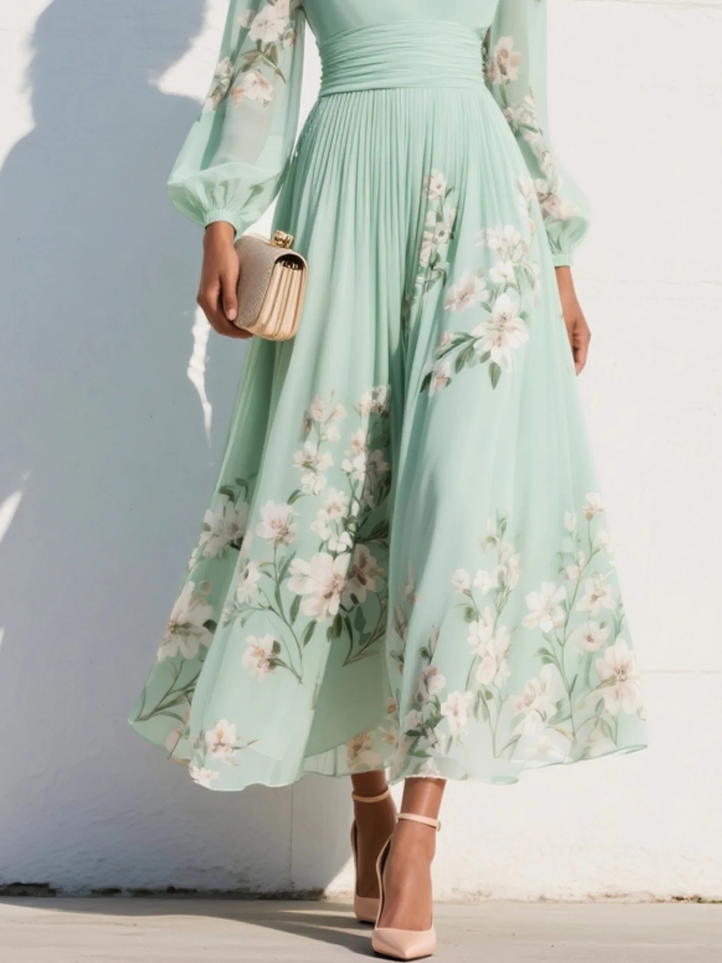 Elegant Floral Print Long-sleeved V-neck Pleated Dress