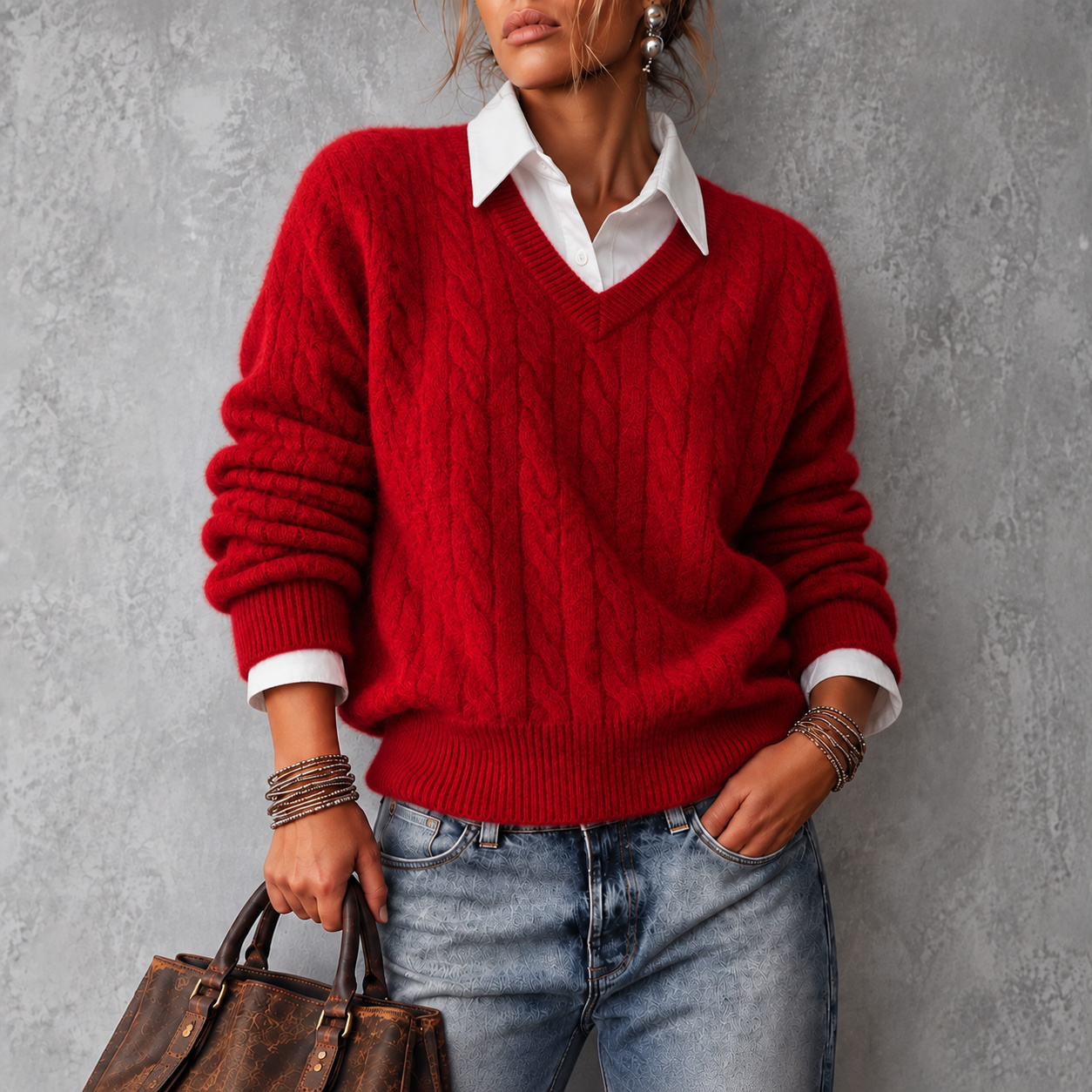 Elegance Solid-color Cashmere V-neck Pullover