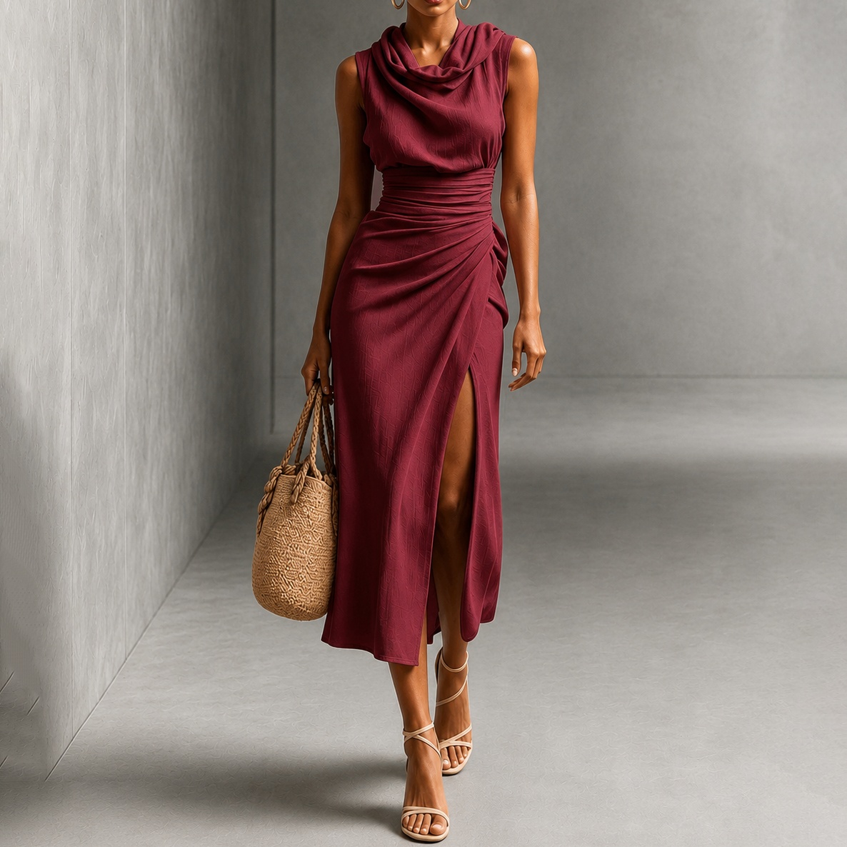 Elegant Sleeveless Turtleneck With Pleats And Slits Maxi Dress