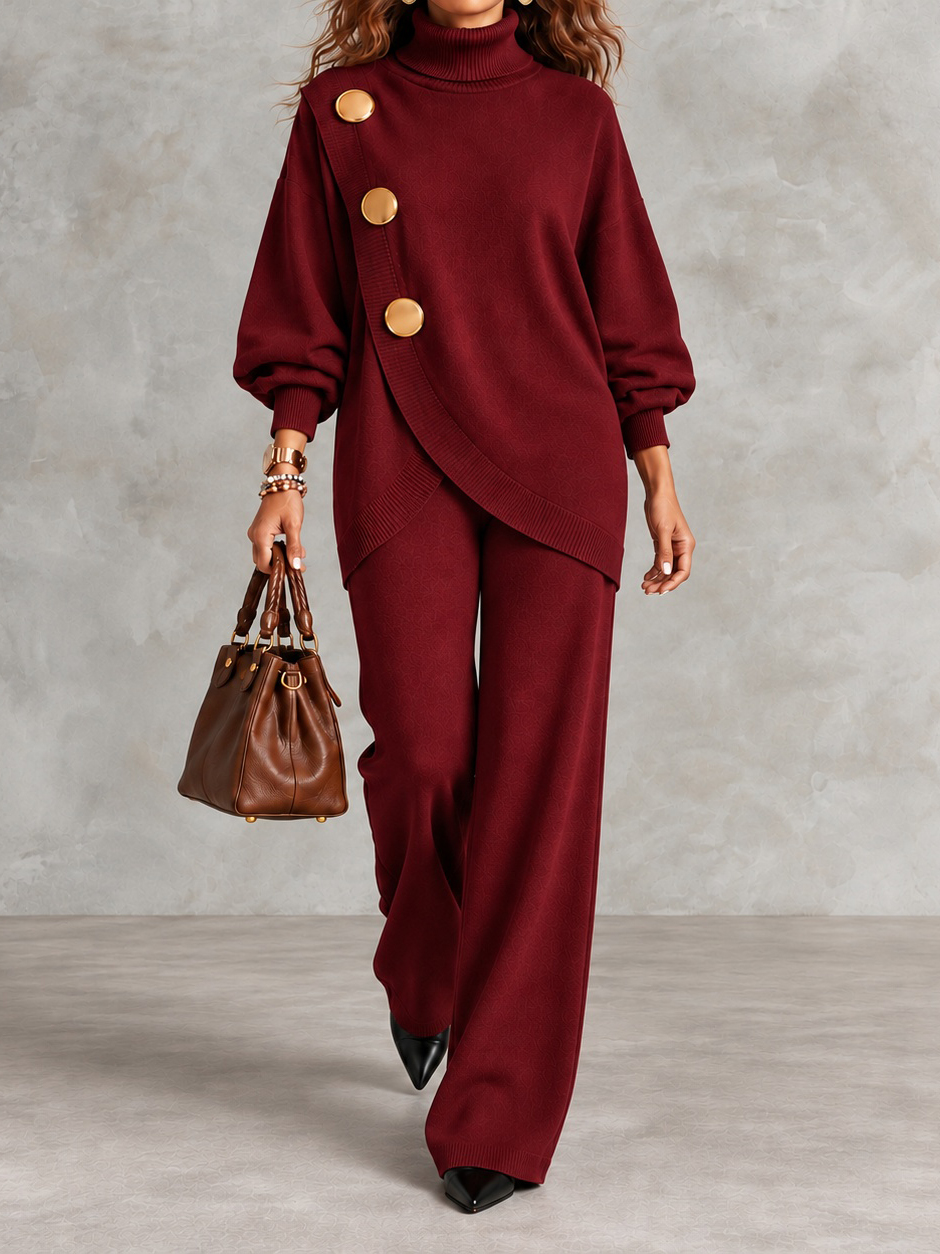 Asymmetric Pocket Button-detail Knit Sweater And Knit Trousers Two-piece Set