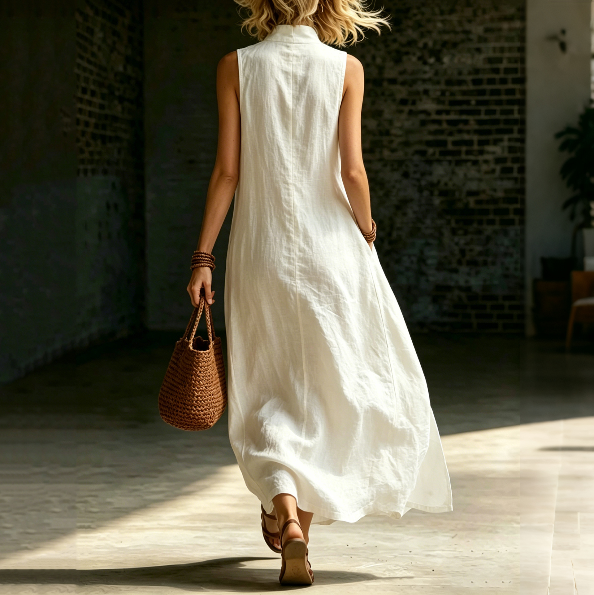 Vacation Stand-up Collar Buttons Loose Fit Maxi Dress