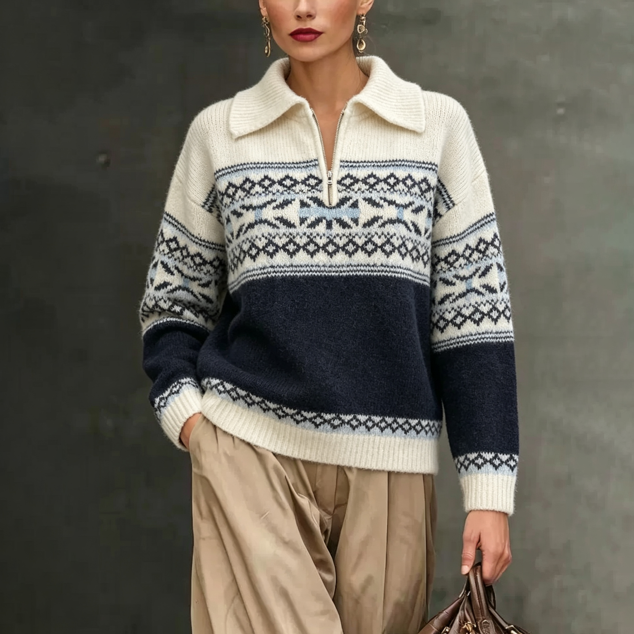 Fair Isle Collar Vintage Zipper Long-sleeve Jacquard Sweater