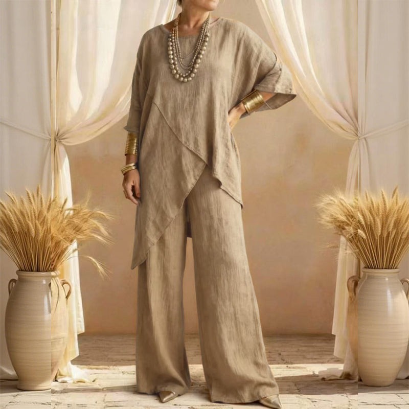 Women's Comfy Linen Blend Flowy Double Layer Design Top And Pants Two-piece Set