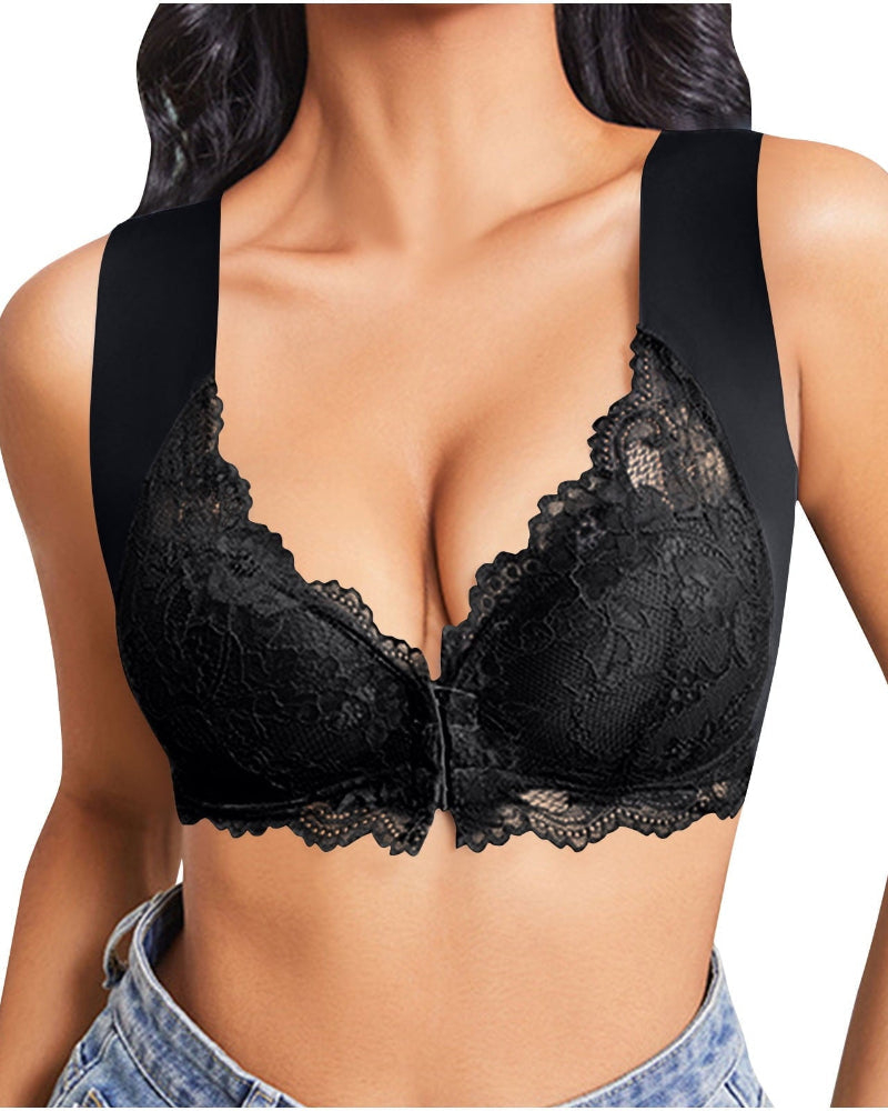 Women's Contrast Lace Hook & Eye Front Pushup Bra