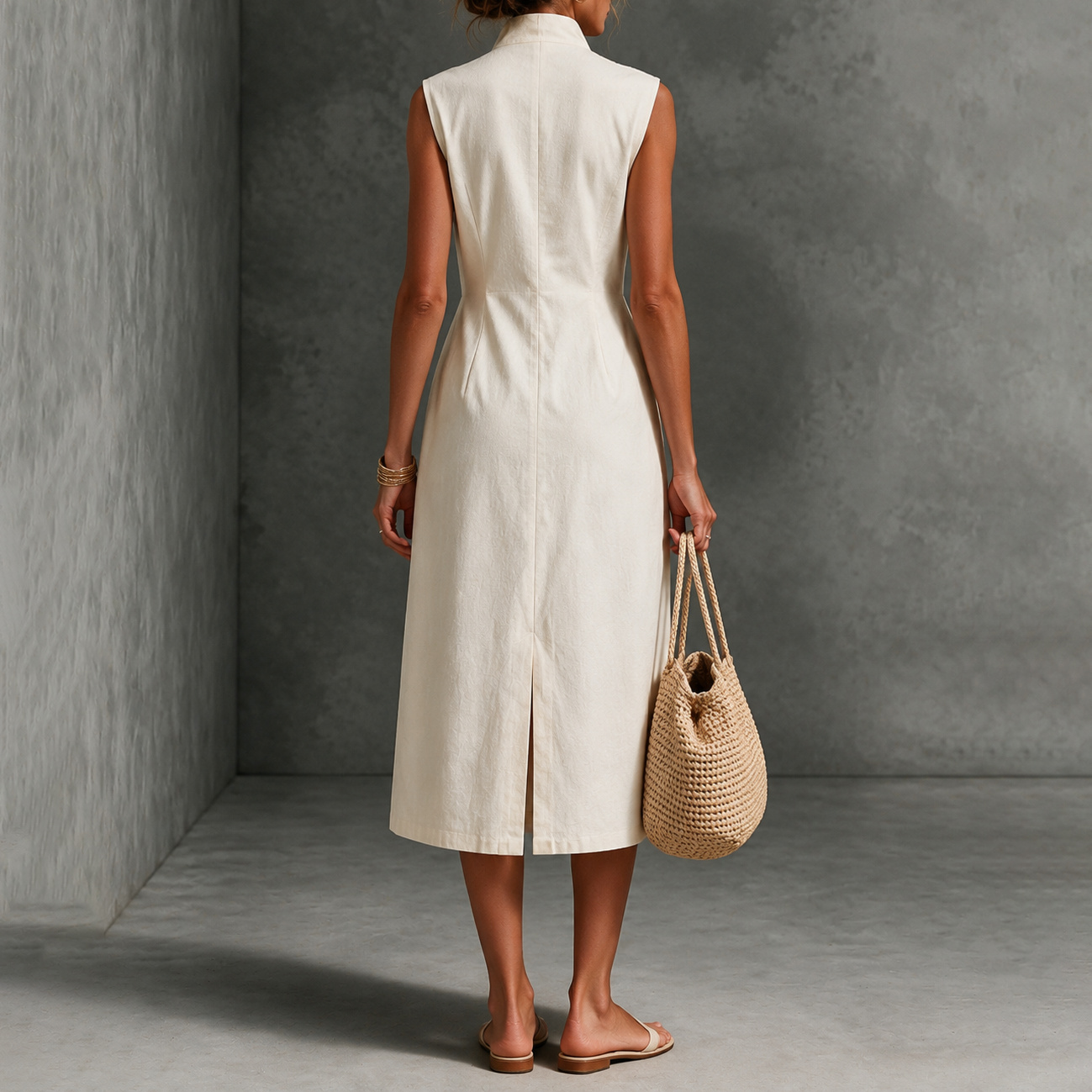 Vacation Sleeveless Lapel Asymmetric Button Midi Dress
