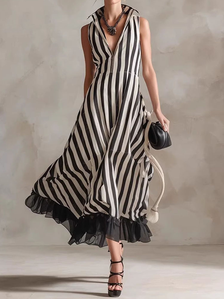 Fashion Striped Patchwork Mesh V-neck Vest Dress