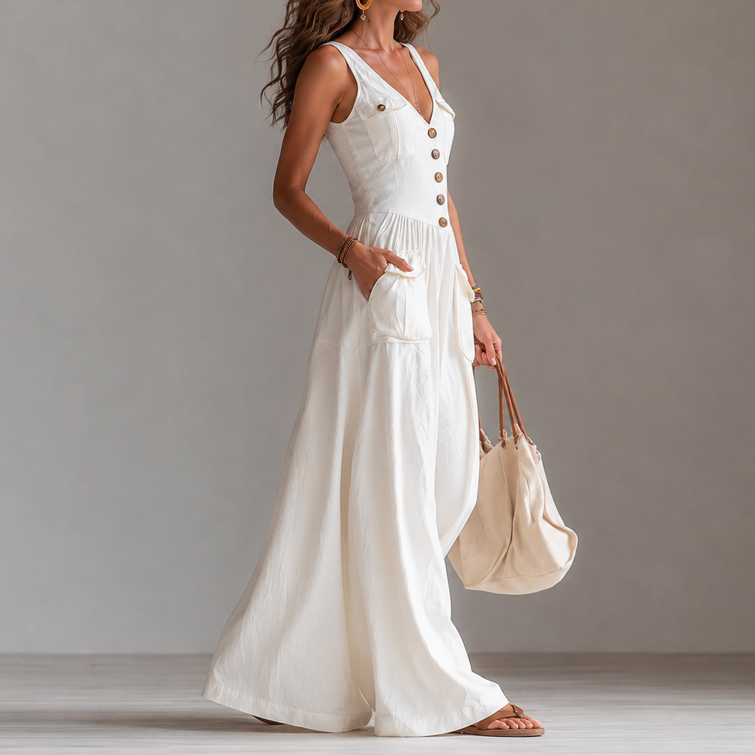 Retro V-neck Button-down Vest Jumpsuit