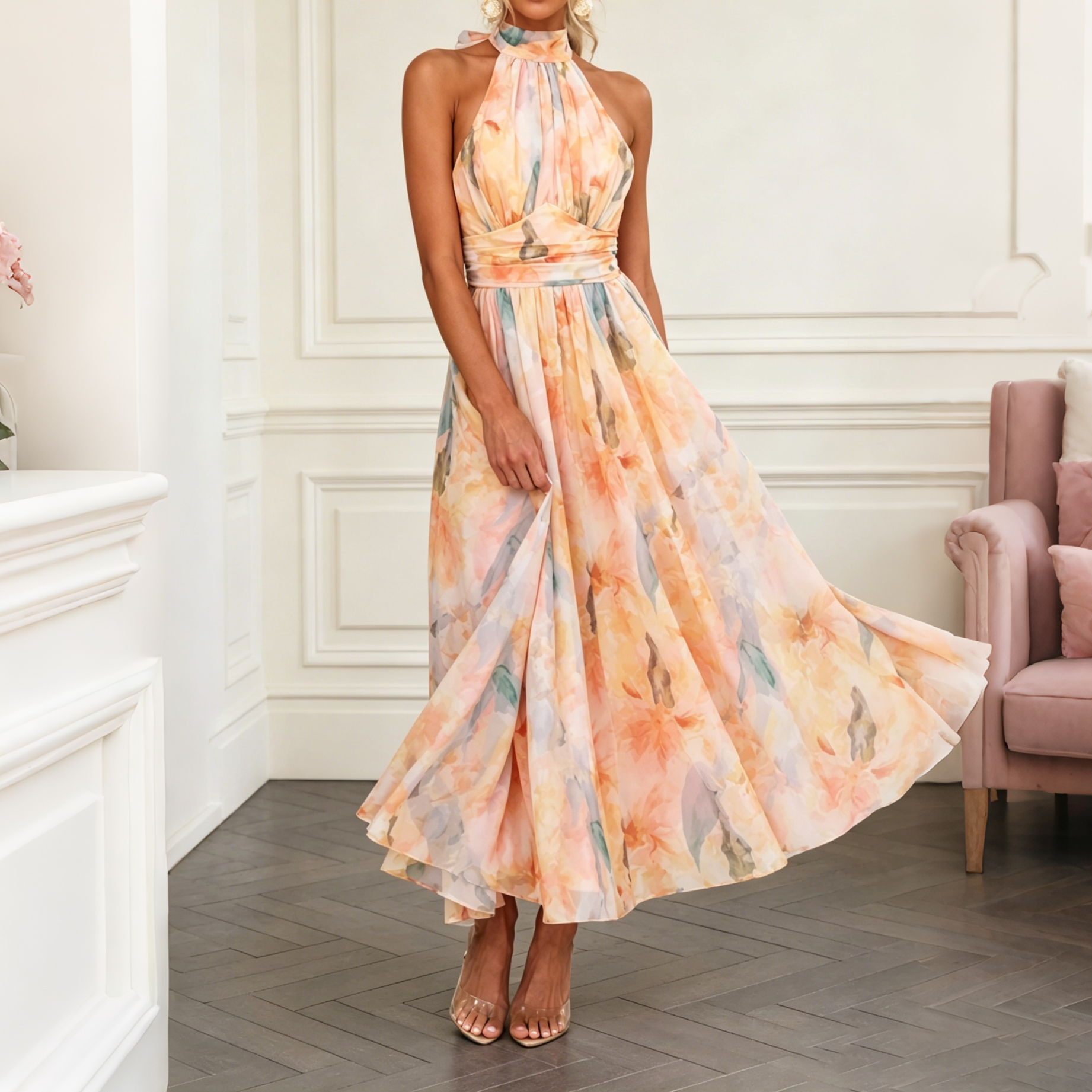 Elegant Colorful Printed Halter Neck Maxi Dress