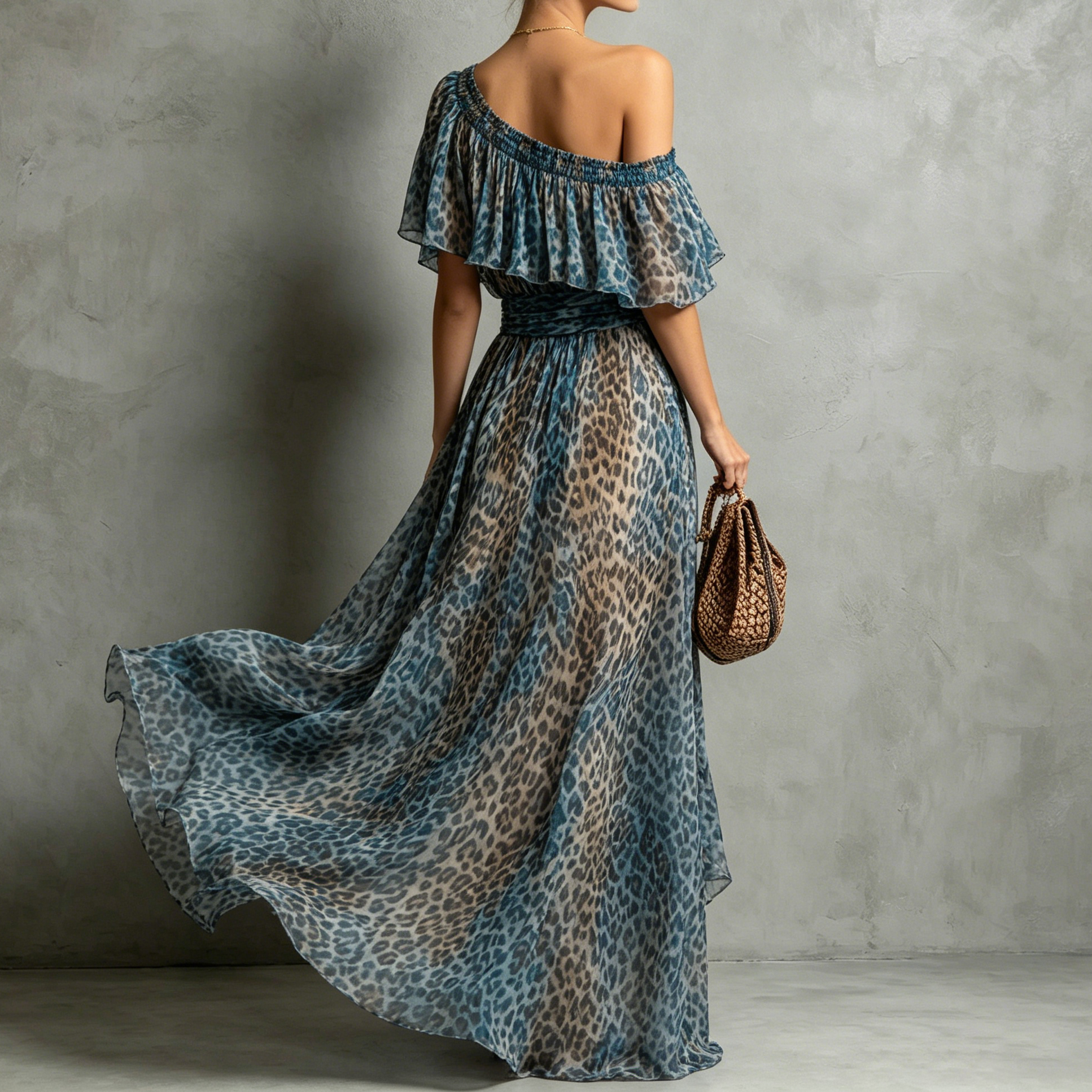 Retro Leopard Print Chiffon Off-shoulder Ruffle Waist Maxi Dress