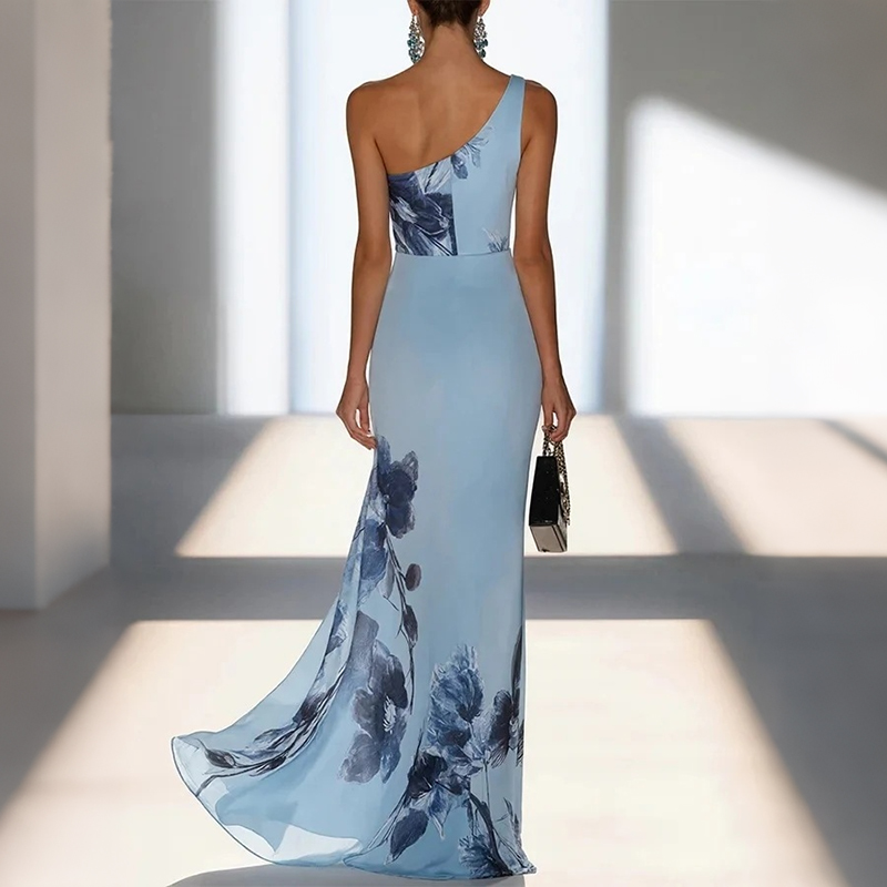 Elegant Floral Design One Shoulder Maxi Dress