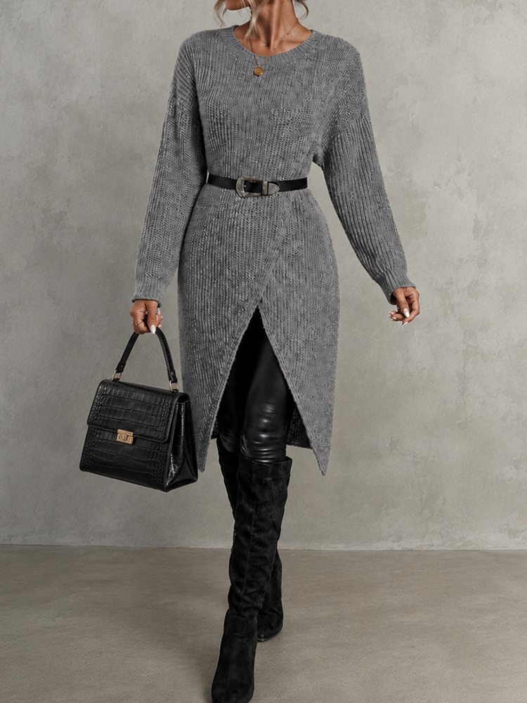 Elegant Crew Neck Long Knit Sweater