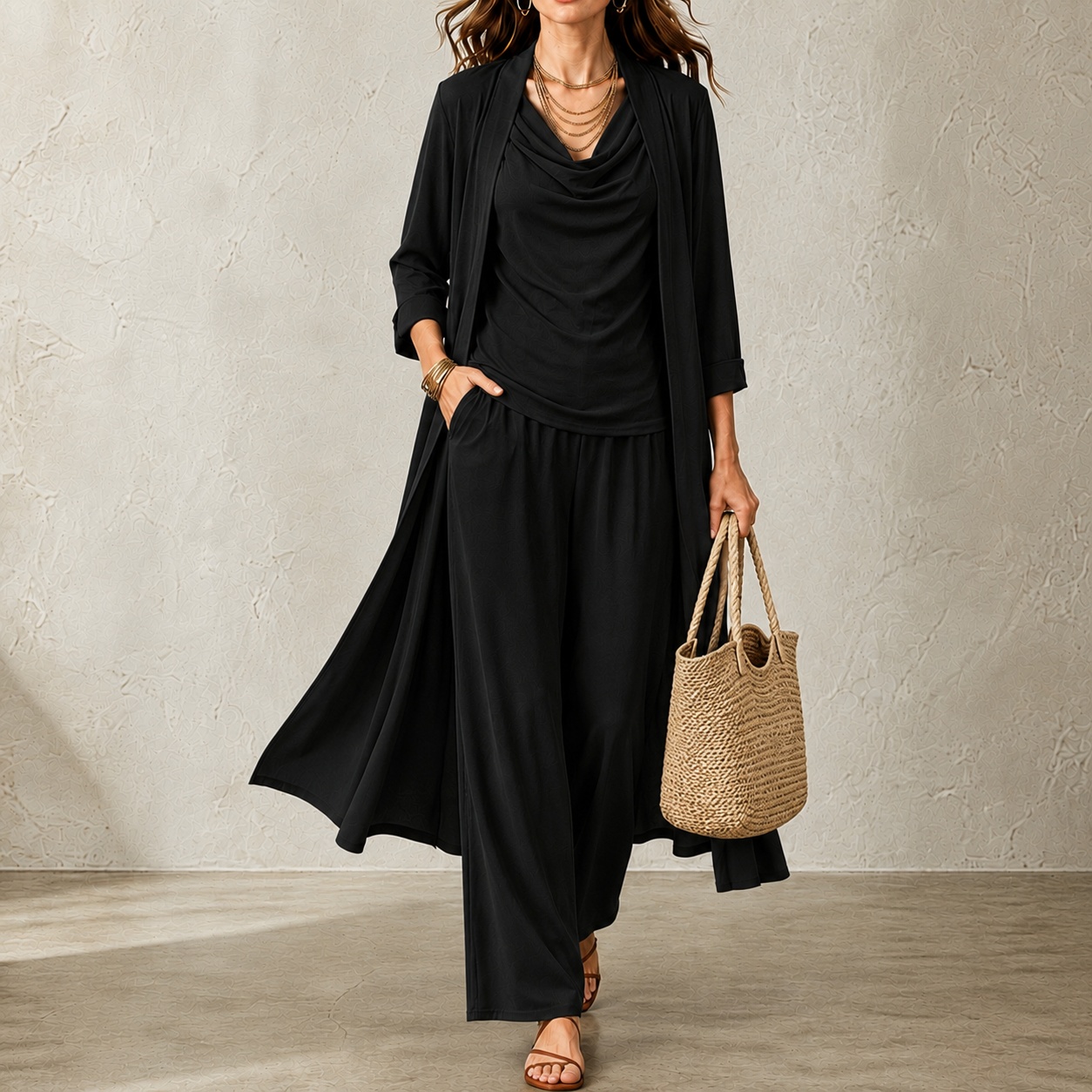 Elegant Three-piece Set: Three-quarter Sleeve Cardigan + Long-sleeved Top + Trousers