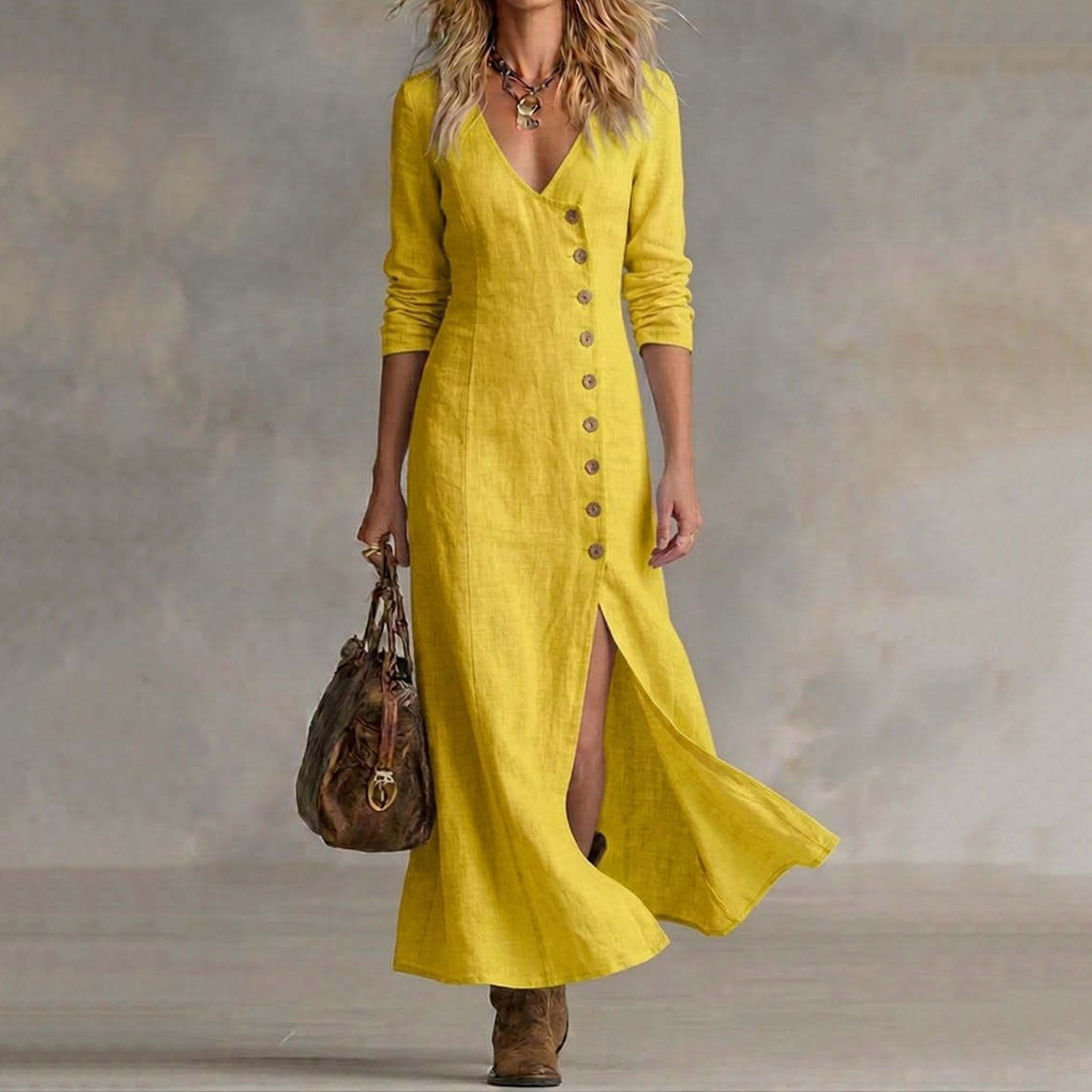 Casual Linen Long-sleeved Button Placket Dress