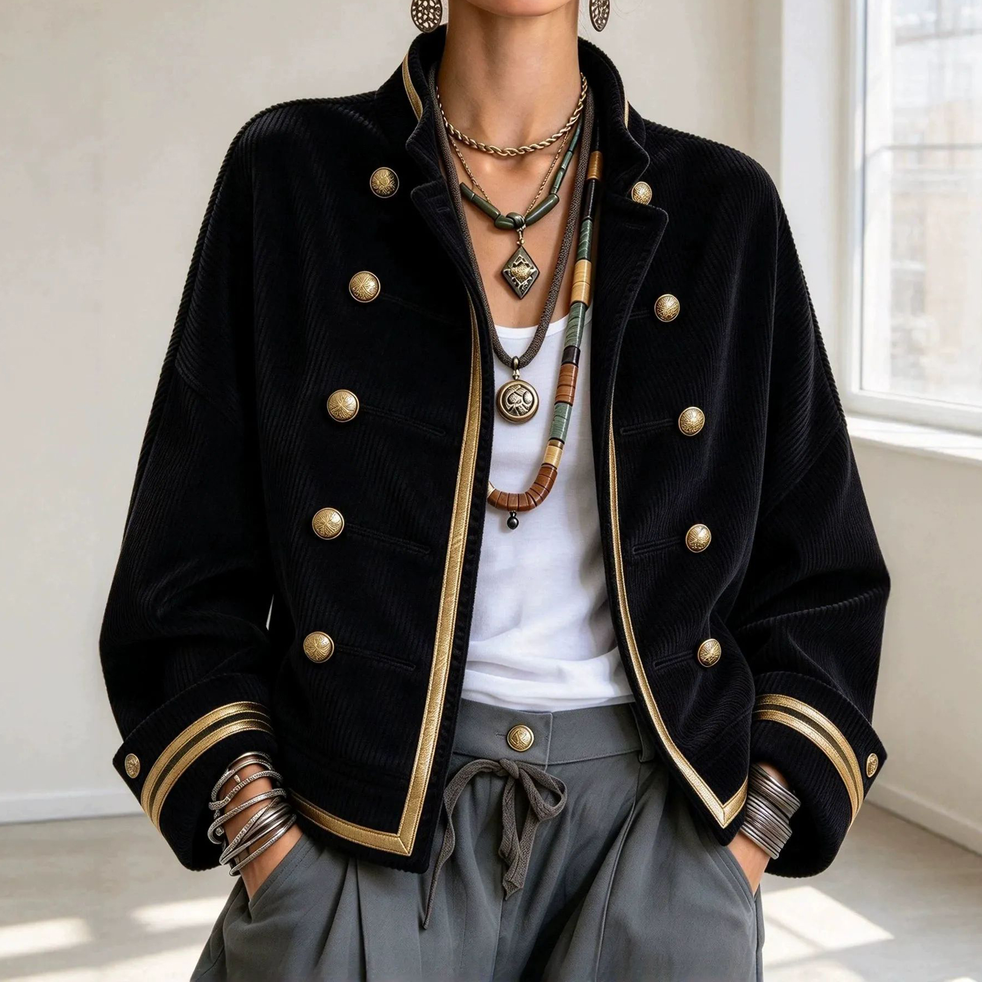Women's Fall Winter Cozy Napoleonic Stand-up Collar Gold Trim Double-breasted Button Corduroy Jacket