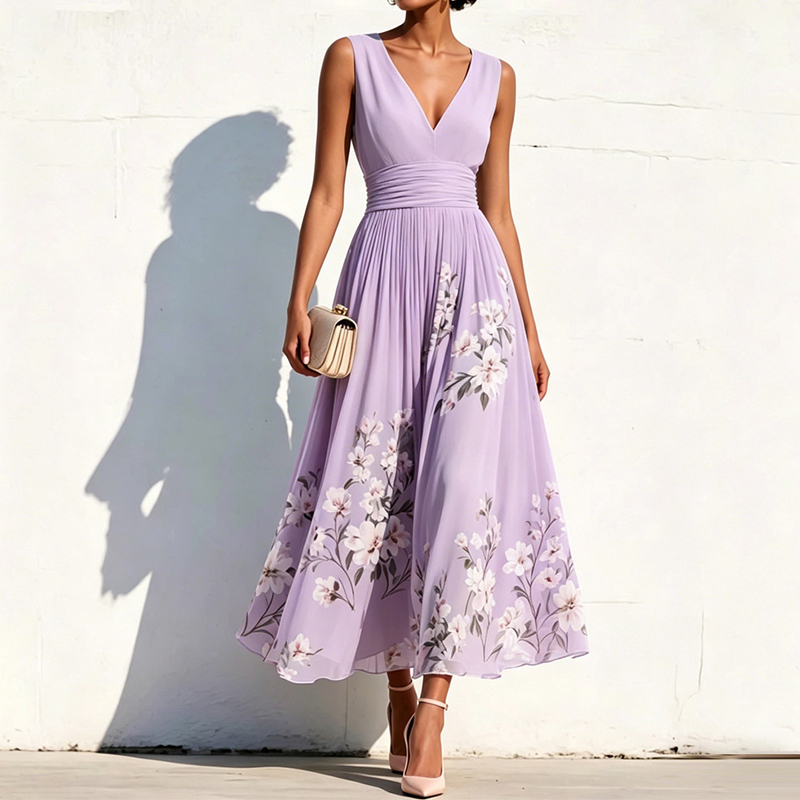 Elegant Floral Print V-neck Sleeveless Pleated Dress