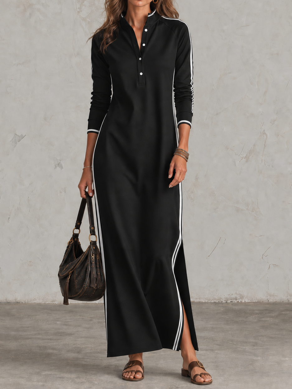 Elegant Minimalist Button-collar Long-sleeve Maxi Dress