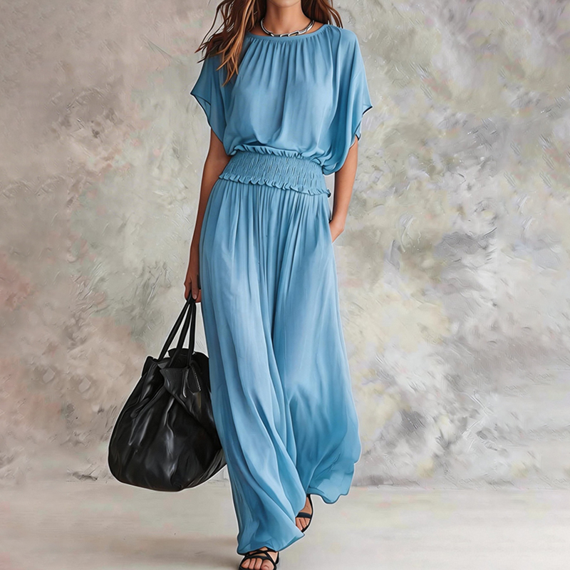 Elegant Solid Color Round Neck Short Sleeve Flowy Maxi Dress