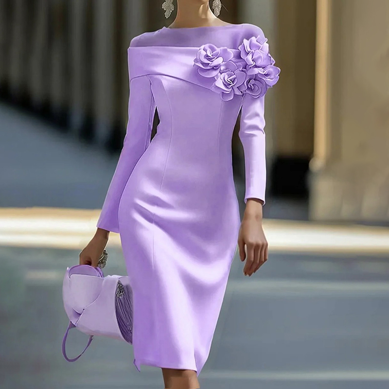 Elegant Round Neck Three Dimensional Flower Decorated Midi Dress