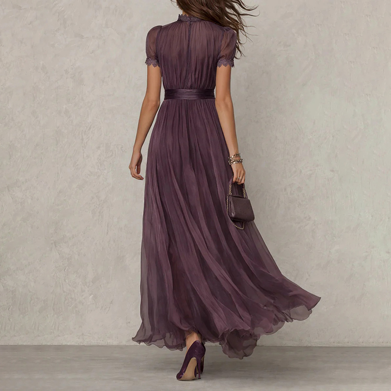 Elegant Turtleneck Lace Spliced ​​flowing Chiffon Dress