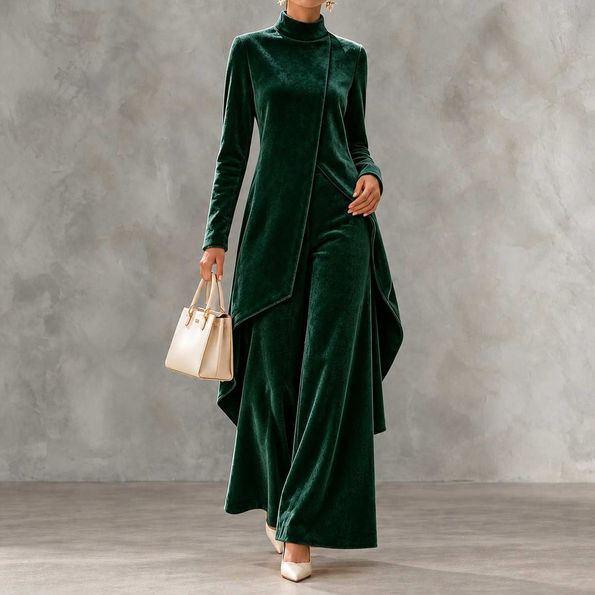 Velvet Asymmetric Long Sleeves And Stand Collar Two-piece Set